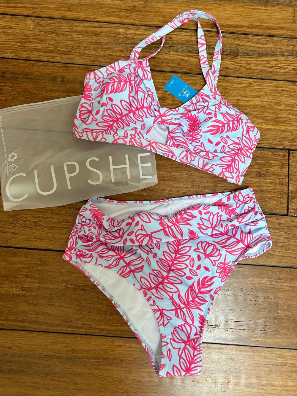 Cupshe White & Pink Tropical Leaf High-Waist Bikini